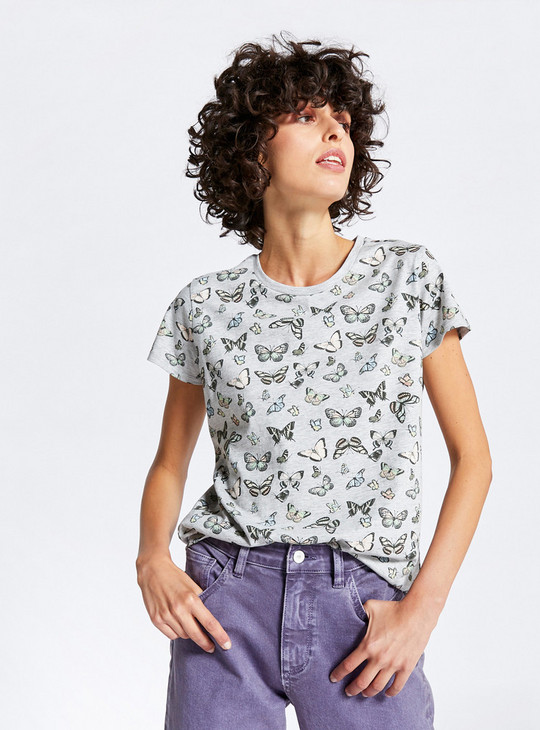 All Over Butterfly Printed BCI Round Neck T-shirt with Cap Sleeves