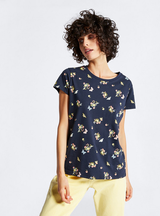 Floral Print BCI Cotton T-shirt with Short Sleeves