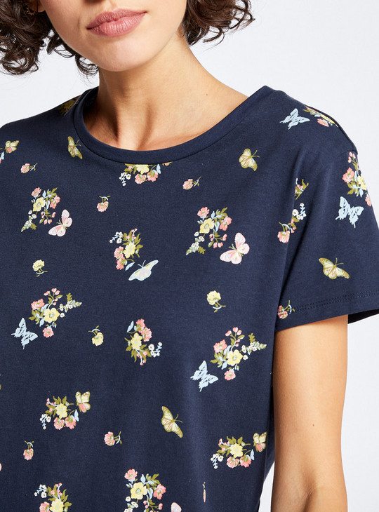 Floral Print BCI Cotton T-shirt with Short Sleeves