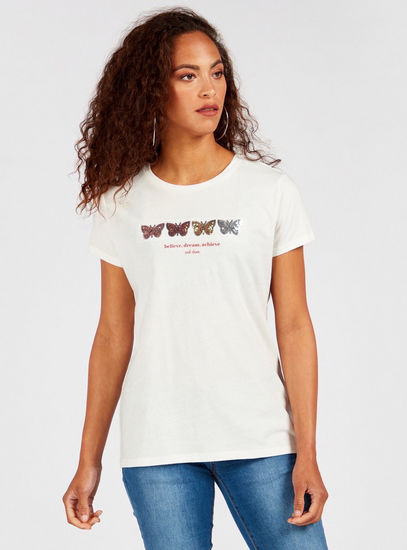 Embellished Round Neck T-shirt with Short Sleeves-T-shirts & Vests-image-0