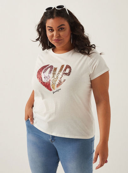 Embellished Round Neck T-shirt with Short Sleeves-T-shirts & Vests-image-0