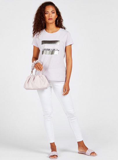 Embellished T-shirt with Round Neck and Short Sleeves-T-shirts & Vests-image-1