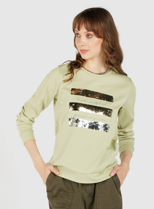 Sequin Detail Sweatshirt with Round Neck and Long Sleeves