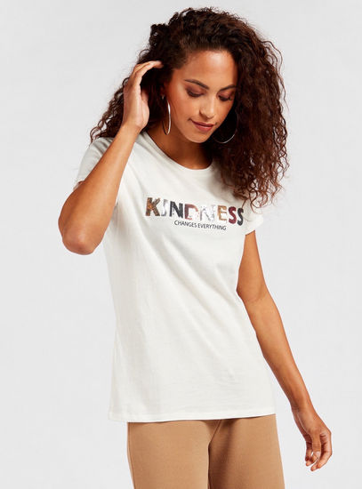 Embellished Slogan Round Neck T-shirt with Short Sleeves-T-shirts & Vests-image-0