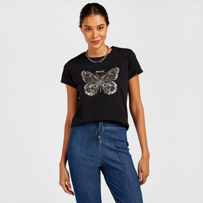 Embellished Butterfly Crew Neck T-shirt with Short Sleeves