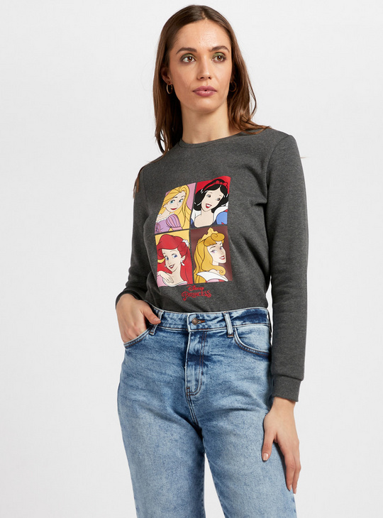 Princess Print Sweatshirt with Round Neck and Long Sleeves