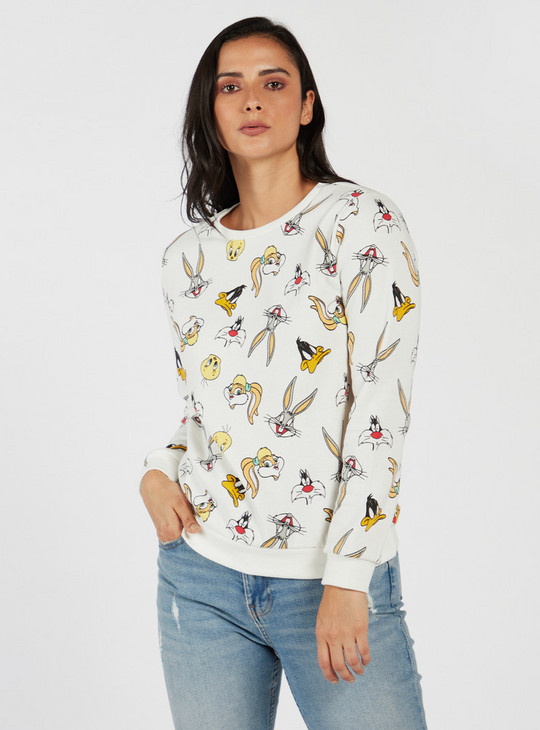 All-Over Looney Tunes Print Sweatshirt with Round Neck and Long Sleeves