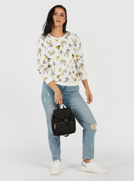 All-Over Looney Tunes Print Sweatshirt with Round Neck and Long Sleeves