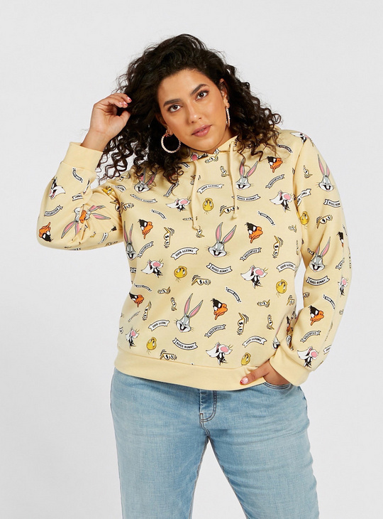 All-Over Looney Tunes Print Sweatshirt with Long Sleeves and Hood