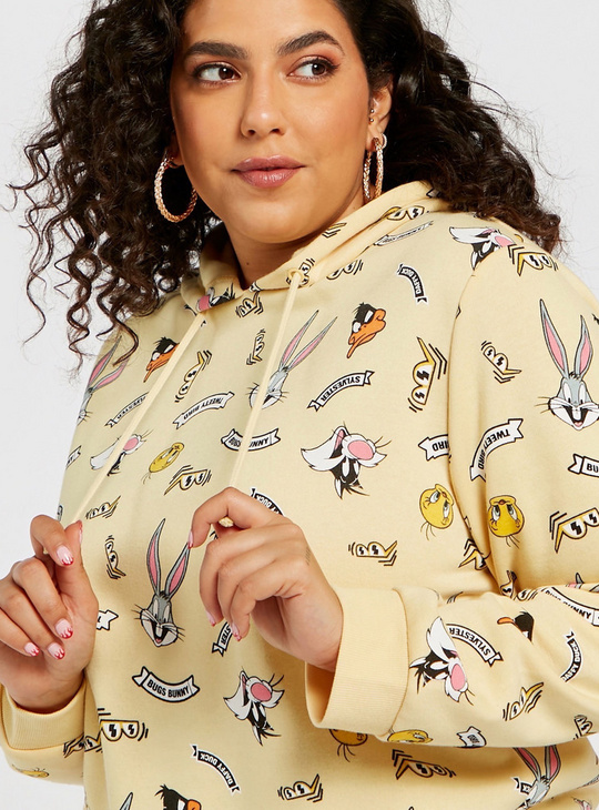 All-Over Looney Tunes Print Sweatshirt with Long Sleeves and Hood