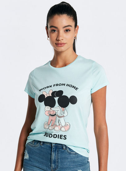 Mickey and Minnie Print Round Neck T-shirt with Short Sleeves-T-shirts & Vests-image-0
