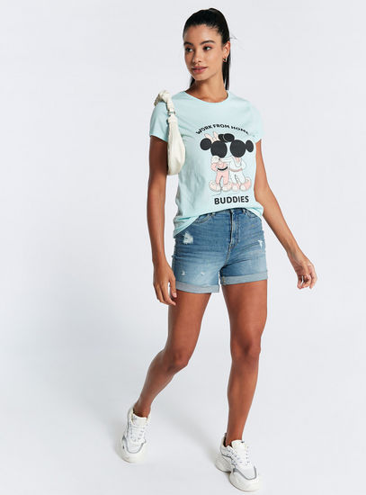 Mickey and Minnie Print Round Neck T-shirt with Short Sleeves-T-shirts & Vests-image-1