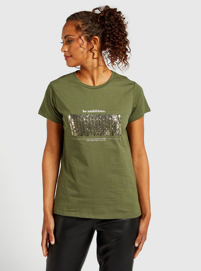 Sequin Embellished Round Neck T-shirt with Short Sleeves-T-shirts & Vests-image-0