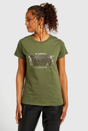 Sequin Embellished Round Neck T-shirt with Short Sleeves
