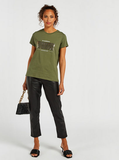 Sequin Embellished Round Neck T-shirt with Short Sleeves-T-shirts & Vests-image-1