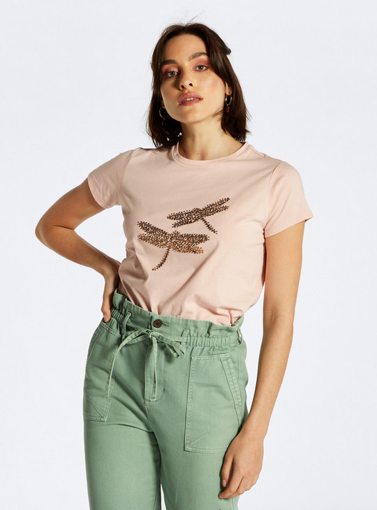 Embellished T-shirt with Crew Neck and Short Sleeves