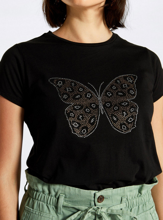 Butterfly Embellished Crew Neck T-shirt with Short Sleeves