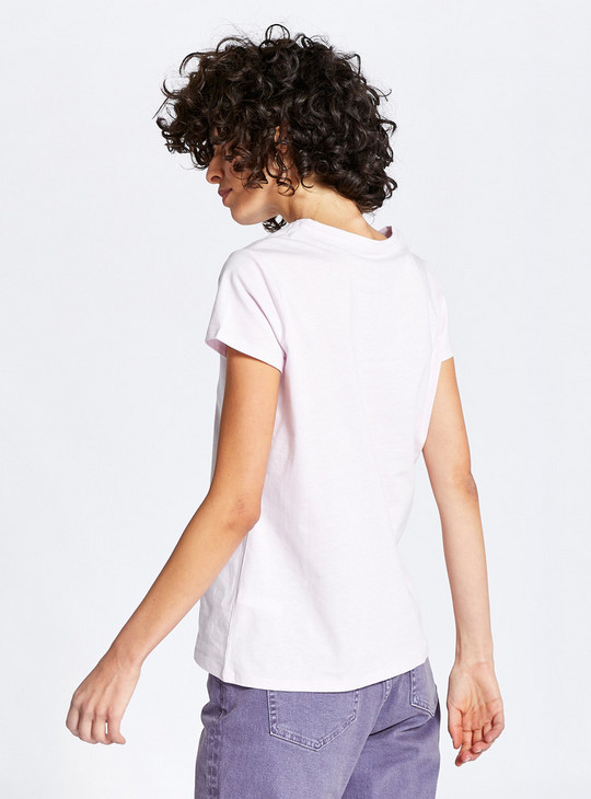 Embellished T-shirt with Round Neck and Short Sleeves