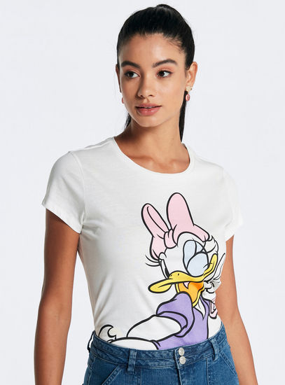 Daisy Duck Print Round Neck T-shirt with Short Sleeves-T-shirts & Vests-image-0
