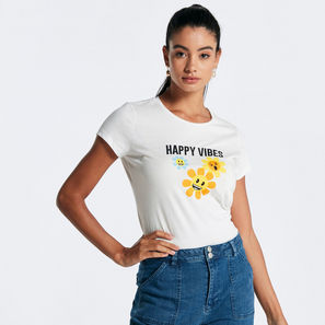 Emoji Print Round Neck T-shirt with Short Sleeves