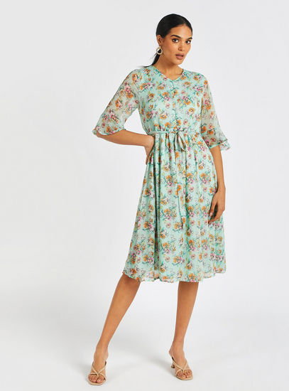 Floral Print Midi Dress with Bell Sleeves and Tie-Up Belt