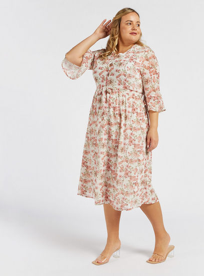Floral Print V-neck Midi A-line Dress with Bell Sleeves and Tie-Ups