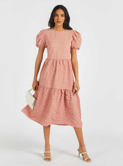 Textured Midi Tiered Dress with Puff Sleeves and Crew Neck-Midi-image-0