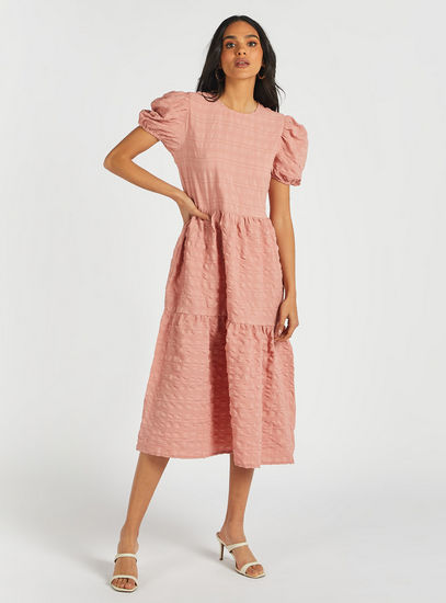 Textured Midi Tiered Dress with Puff Sleeves and Crew Neck-Midi-image-1