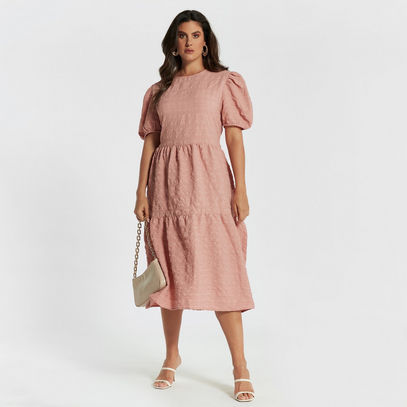 Textured Midi Tiered Dress with Puff Sleeves and Crew Neck