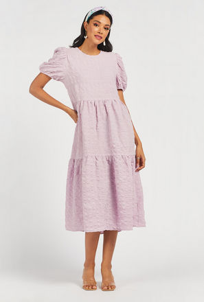 Textured Midi Tiered Dress with Puff Sleeves and Crew Neck