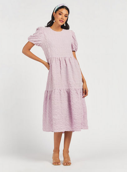 Textured Midi Tiered Dress with Puff Sleeves and Crew Neck-Midi-image-0