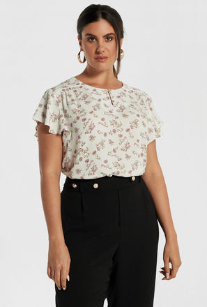 Floral Print Top with Ruffled Sleeves and Button Closure-mxwomen-clothing-plussizeclothing-tops-blouses-2