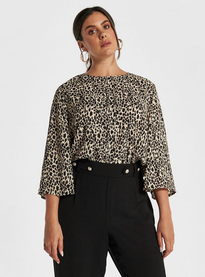 Animal Print Pintuck Round Neck Top with Flared Sleeves