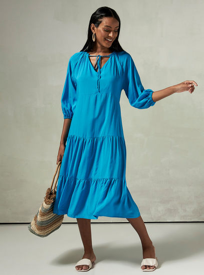 Solid Tiered Midi Dress with Neck Tie-Up and 3/4 Sleeves