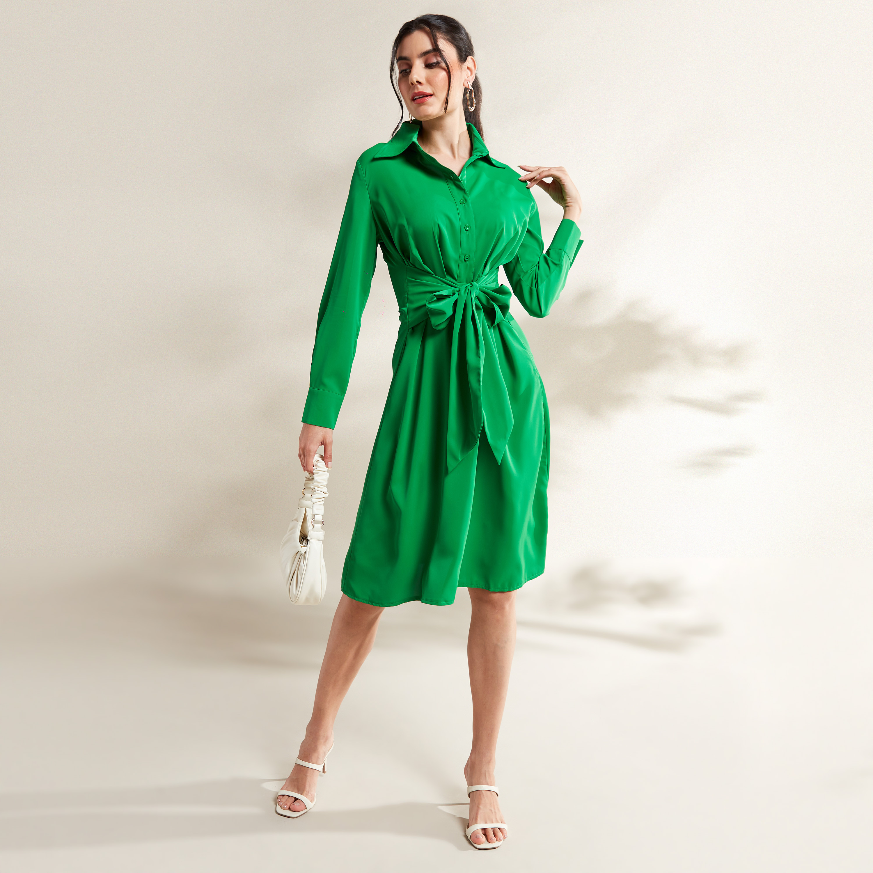 Shop Plain Shirt Dress with Long Sleeves and Tie-Up Online | Max Oman