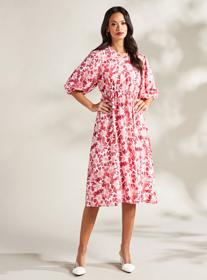 All Over Floral Print Midi A-line Dress with V-neck and 3/4 Sleeves
