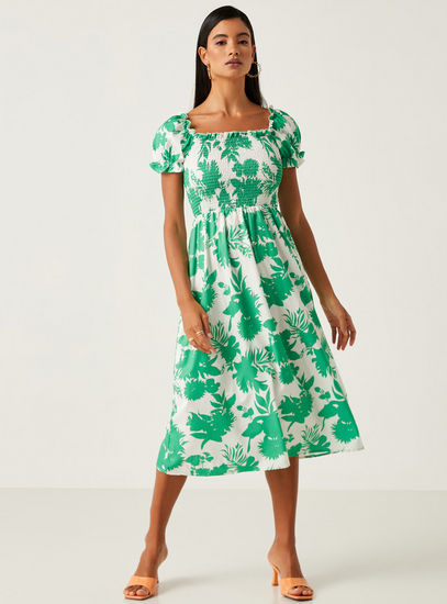 Floral Print Short Sleeves Dress with Square Neck and Shirring Detail