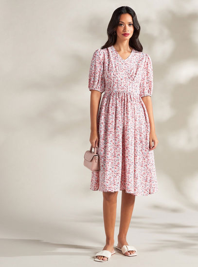 Floral Print Midi A-line Dress with V-neck and Puff Sleeves