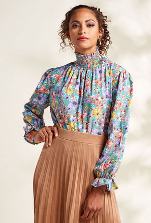 Floral Print Turtle Neck Top with Long Sleeves
