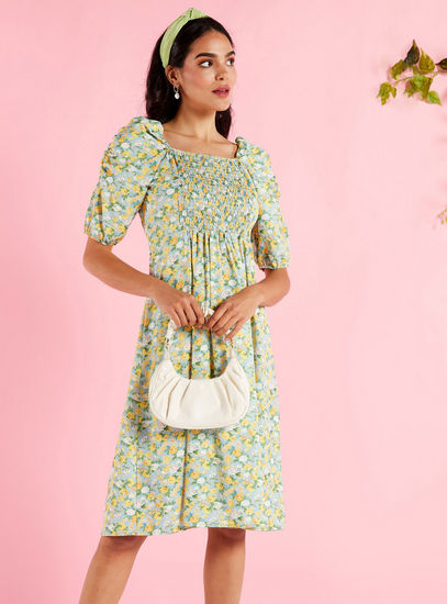 Floral Print Midi Dress with Shirred Detail and Short Sleeves