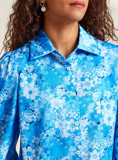 All-Over Floral Print Shirt with Long Sleeves and Button Closure