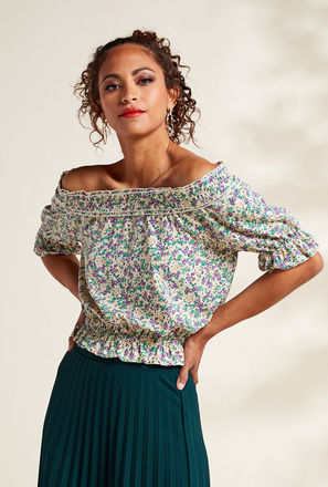 All Over Floral Print Off-Shoulder Top with Elbow Sleeves and Ruffle Detail
