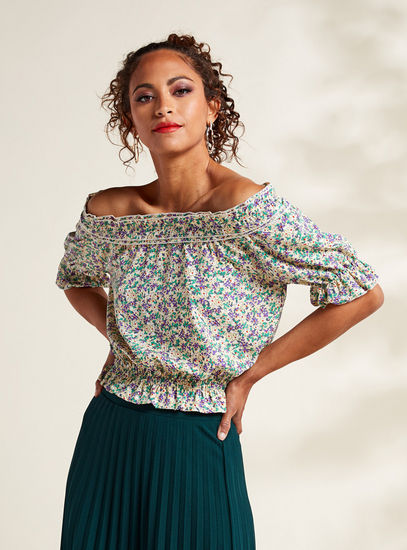 All Over Floral Print Off-Shoulder Top with Elbow Sleeves and Ruffle Detail