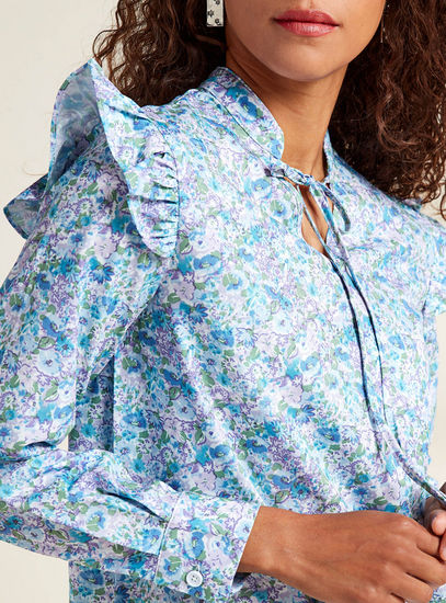 All Over Floral Print Top with Neck Tie-Ups and Ruffle Detail