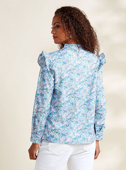 All Over Floral Print Top with Neck Tie-Ups and Ruffle Detail