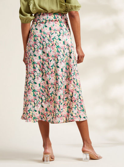 All-Over Floral Print Midi A-line Skirt with Pleat Detail