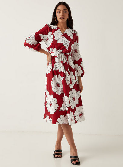 Floral Print Long Sleeves Wrap Dress with Tie-Up Belt