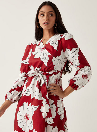 Floral Print Long Sleeves Wrap Dress with Tie-Up Belt