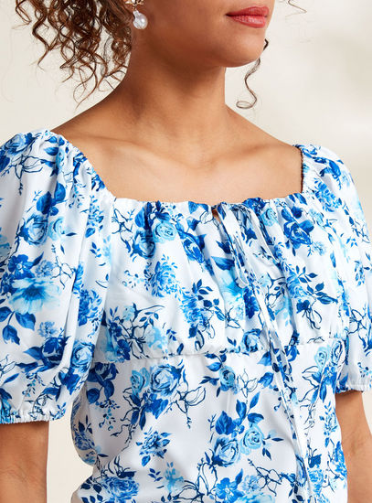 Floral Print Square Neck Top with Tie-Up Detail and Puff Sleeves