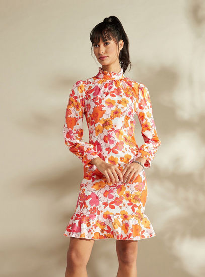 All Over Floral Print Shift Dress with Ruffle Detail and High Neck